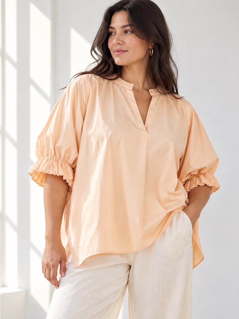 Harshman Medina Apricot Ice Cotton Poplin Oversized Blouse Top 1X